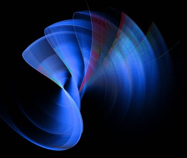 Mavi dalgalı çizgili elementler üst üste bindirilmiş ve siyah bir zemin üzerinde döndürülmüş. Grafik tasarım elementi. 3D görüntüleme. 3 boyutlu illüstrasyon. Sembol, işaret, simge, logo.