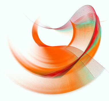 Kırmızı ve yeşil çizgili turuncu saydam yuvarlak dalgalı elementler beyaz arkaplanda yarı dairesel bir çerçeve oluştururlar. Grafik tasarım elementi. 3D görüntüleme. 3d illüstrasyon.