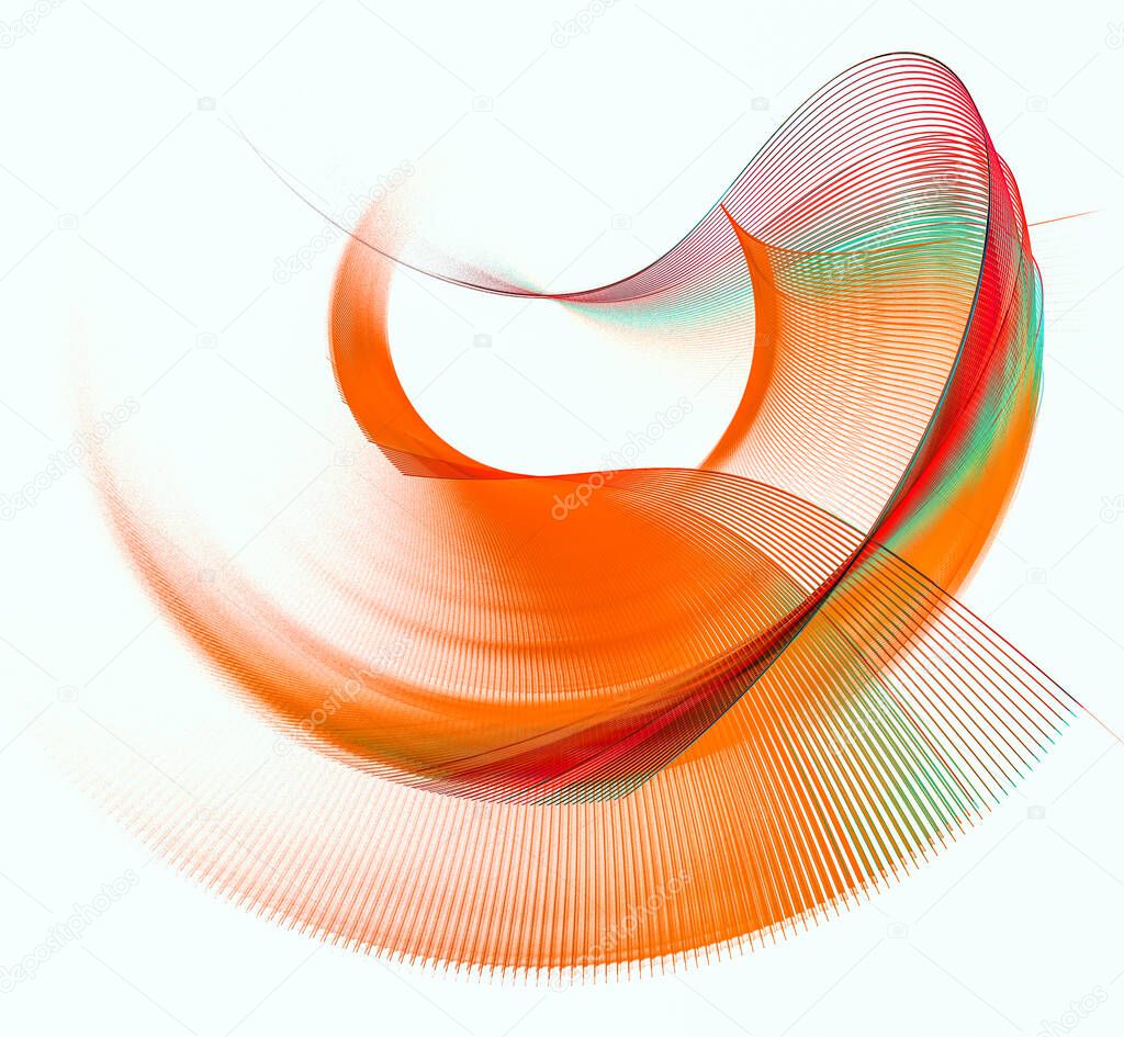 Orange transparent rounded wavy elements with a red and green stripe form a semicircular frame on a white background. Graphic design element. 3d rendering. 3d illustration.