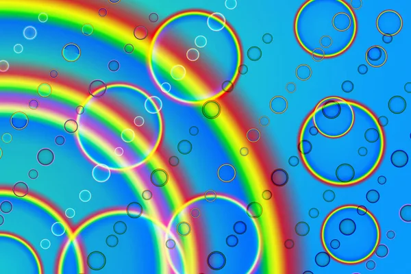 Jets of rain cross the rainbow, and colored circles at an angle against a blue background. Abstract background with rainbow, rain and circles.