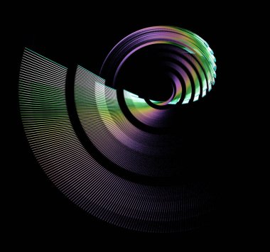 Gökkuşağı dairesi segmentleri siyah bir arkaplana karşı güzelce yerleştirilmiş. Soyut fraktal arka plan. Grafik tasarım elementi. 3D görüntüleme. 3d illüstrasyon.