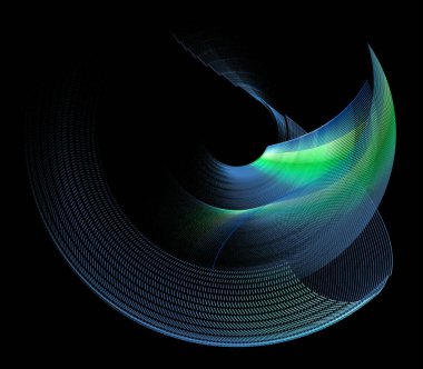 Zarif, yuvarlak, şeffaf, dalgalı, yeşil fişekli mavi elementler siyah arka planda dönerler. Grafik tasarım elementi. 3D görüntüleme. 3 boyutlu illüstrasyon. Sembol, işaret, simge, logo.