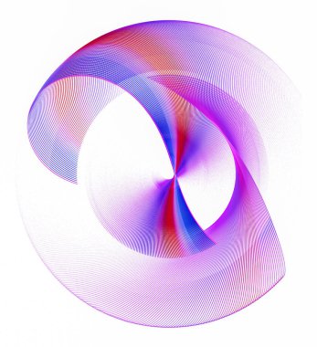 Kırmızı ve mavi çizgili Magenta, dalgalı, şeffaf, çizgili elementler beyaz arkaplanda daire şeklinde dönerler. Grafik tasarım elementi. 3D görüntüleme. 3 boyutlu illüstrasyon. Sembol, işaret, simge, logo.