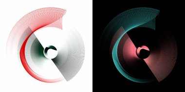 Kırmızı, yeşil, turkuaz şeffaf, soyut pervane elementleri beyaz ve siyah arka planda döner. Grafik tasarım ögeleri ayarlandı. 3D görüntüleme. 3 boyutlu illüstrasyon. Sembol, işaret, simge, logo.
