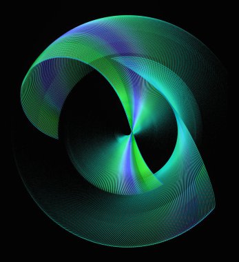 Siyah arka planda mavi çizgili yeşil dalgalı elementler dönüyor. Grafik tasarım elementi. 3D görüntüleme. 3 boyutlu illüstrasyon. Logo, işaret, sembol, simge.