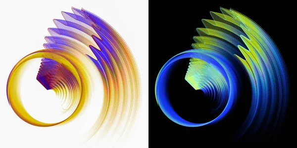 Yellow and blue striped waves radiate from circles on white and black backgrounds. Graphic design elements set. Logo, sign, icon, symbol. 3d rendering. 3d illustration.