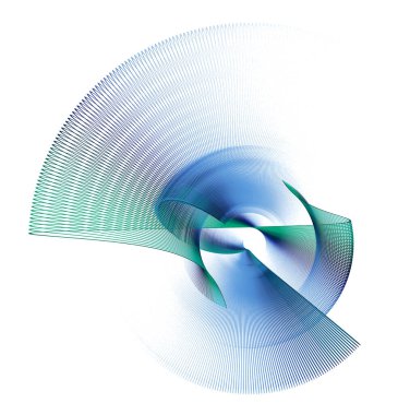 Mavi ve yeşil çizgili düz, zikzak çizgili soyut pervaneler beyaz arka planda döner. Grafik tasarım elementi. Logo, işaret, simge, sembol. 3D görüntüleme. 3d illüstrasyon.