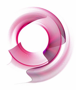 Magenta dalgalı şeffaf elementler beyaz arkaplanda beyaz dairesel bir çerçeve oluşturur. Grafik tasarım elementi. Logo, işaret, simge, sembol. 3D görüntüleme. 3d illüstrasyon.