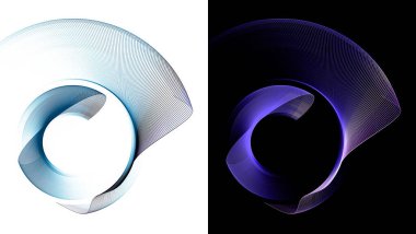 Mavi şeffaf dalgalı uçaklar dönüyor ve beyaz ve siyah arkaplanda dairesel bir çerçeve oluşturuyor. Grafik tasarım ögeleri ayarlandı. Logo, işaret, simge, sembol. 3D görüntüleme. 3d illüstrasyon.