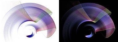 Magenta şeffaf yuvarlak elementler beyaz ve siyah arka planlar üzerinde katmanlanmış ve döndürülmüştür. Grafik tasarım ögeleri ayarlandı. Logo, işaret, simge, sembol. 3D görüntüleme. 3d illüstrasyon.