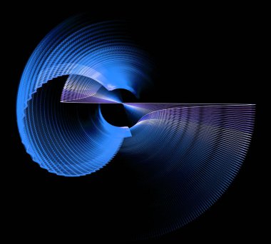 Mavi dalgalı, kavisli ve zigzag çizgili uçaklar siyah bir arkaplan üzerinde dönüyor. Grafik tasarım elementi. Logo, işaret, simge, sembol. 3D görüntüleme. 3d illüstrasyon.