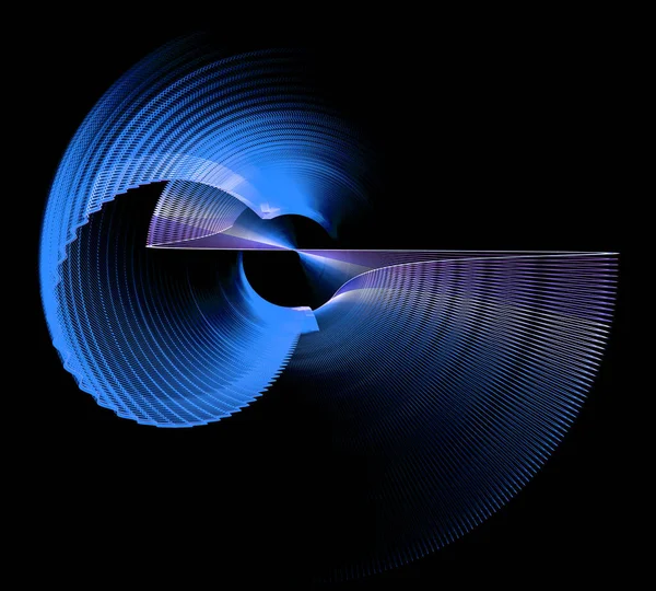 Mavi dalgalı, kavisli ve zigzag çizgili uçaklar siyah bir arkaplan üzerinde dönüyor. Grafik tasarım elementi. Logo, işaret, simge, sembol. 3D görüntüleme. 3d illüstrasyon.