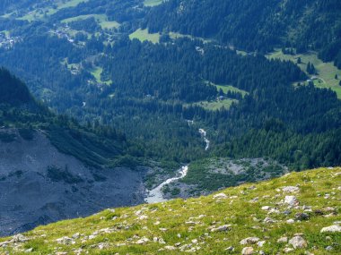 Çimenli yamaçta birçok taş var. Yokuştan ormanları, tarlaları, bir nehri ve küçük evleri görebilirsiniz. Doğal dağ manzarası. Yukarıdan görüntüle.