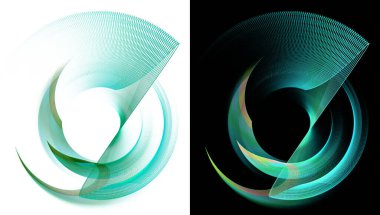 Turkuaz çizgili kavisli elementler beyaz ve siyah arka planlar üzerinde katmanlanmış ve döndürülmüştür. Grafik tasarım ögeleri ayarlandı. Logo, işaret, simge, sembol. 3D görüntüleme. 3d illüstrasyon.