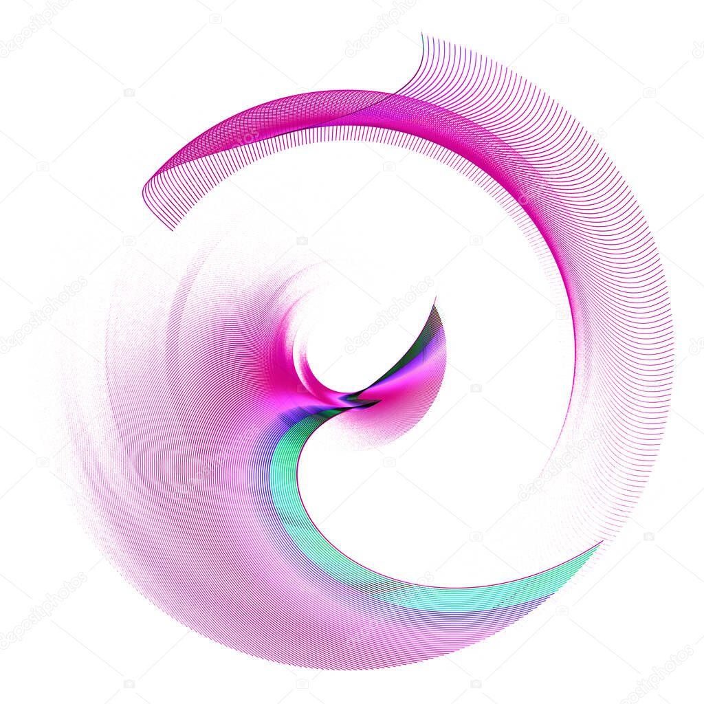 Arcuate, wavy, transparent, magenta elements rotate on a white background. Graphic design element. Logo, sign, icon, symbol. 3d rendering. 3d illustration.