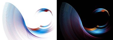 Kemerli renkli çizgili uçaklar kanat gibi ve beyaz ve siyah arka planlara karşı dönüyor. Grafik tasarım ögeleri ayarlandı. Logo, işaret, simge, sembol. 3D görüntüleme. 3d illüstrasyon.