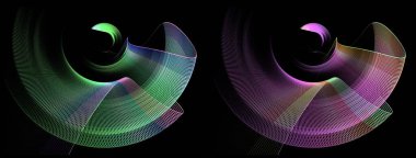 Soyut renkli pervanelerin dalgalı çizgili pervaneleri siyah bir arka planda döner. Grafik tasarım ögeleri ayarlandı. Logo, işaret, simge. 3D görüntüleme. 3d illüstrasyon.