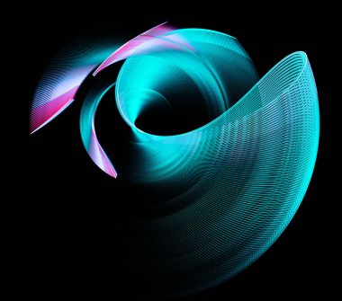 Pembe ve beyaz çizgili turkuaz dinamik uçaklar siyah arka planda katmanlanıp döndürülürler. Grafik tasarım elementi. Logo, işaret, simge, sembol. 3D görüntüleme. 3d illüstrasyon.