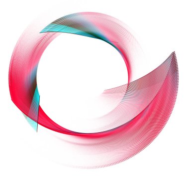 Kırmızı çizgili uçaklar kıvrımlı, katmanlı ve beyaz zemin üzerinde dairesel bir çerçeve oluşturur. Grafik tasarım elementi. Logo, işaret, simge, sembol. 3D görüntüleme. 3d illüstrasyon.