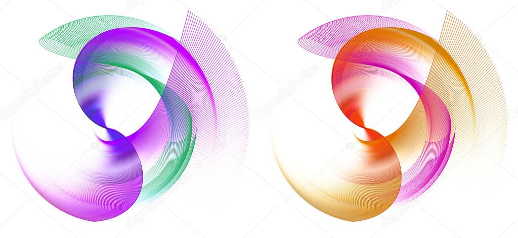 Colorful wavy striped elements elegantly curved and rotated against a white background. Graphic design elements set. Logo, symbol, sign, icon. 3d rendering. 3d illustration.