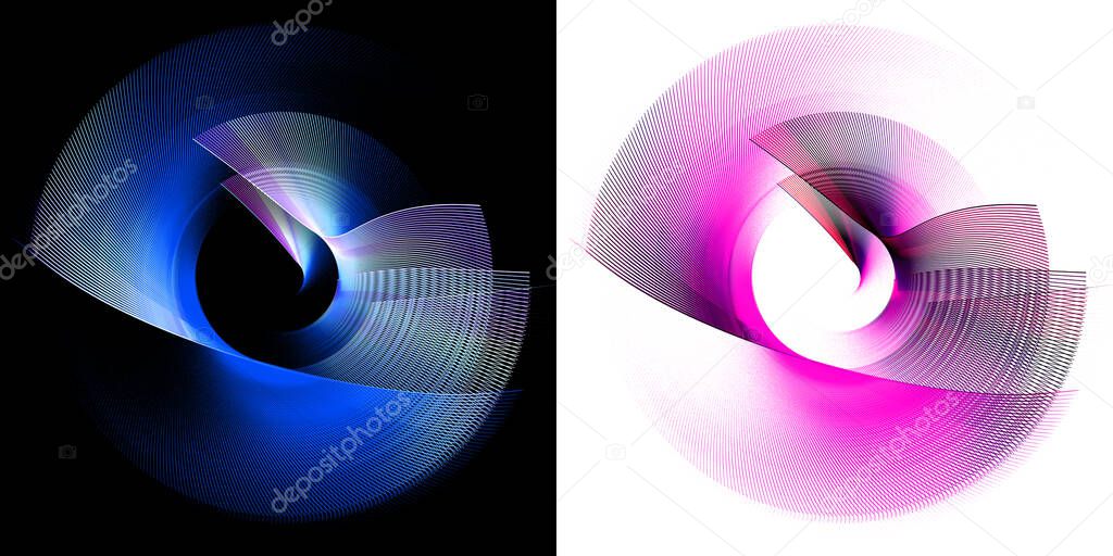 The blue and purple abstract propellers are composed of layered striped curved elements. Set of graphic design elements on black and white backgrounds. Logo, sign, icon. 3d rendering. 3d illustration.