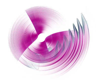 Magenta kıvrımlı ve dalgalı çizgili elementler beyaz bir zemin üzerinde katmanlanmış ve döndürülmüştür. Grafik tasarım elementi. Logo, sembol, işaret, simge. 3D görüntüleme. 3d illüstrasyon.