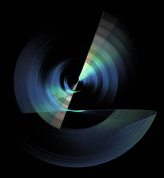 Düz ve dalgalı çizgili mavi-yeşil soyut pervaneler siyah arka planda merkezin etrafında döner. Grafik tasarım elementi. Logo, sembol, işaret, simge. 3D görüntüleme. 3d illüstrasyon.