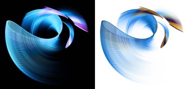 Mavi çizgili pervane elementleri beyaz ve siyah arka planlarda hızla döner. Grafik tasarım elementleri. Logo, işaret, simge, sembol. 3D görüntüleme. 3d illüstrasyon.