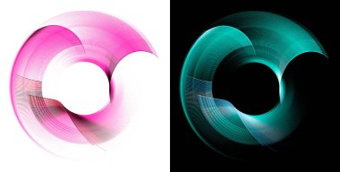 Mor ve turkuaz fanlar soyut pervaneler katmanlanmış ve siyah ve beyaz arka planlara göre döndürülmüştür. Grafik tasarım elementleri. Logo, işaret, simge, sembol. 3D görüntüleme. 3d illüstrasyon.