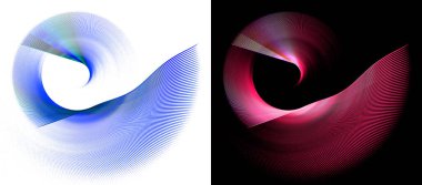 Kırmızı ve mavi dönen elementler kanat çırpmak gibidir. Beyaz ve siyah arkaplanlarda grafik tasarım elemanları. Logo, işaret, simge, sembol. 3D görüntüleme. 3d illüstrasyon.