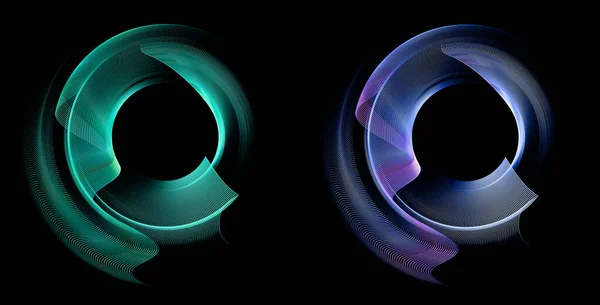 Turquoise Blue Wavy Elements Layered Form Circular Border Black Background — Stock Photo, Image