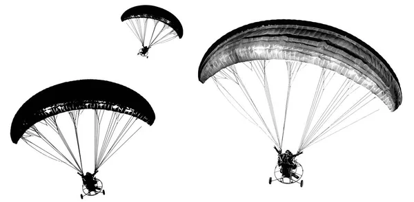 Parapentes Monochromes Motorisés Niveaux Gris Silhouettes Isolées Sur Fond Blanc — Image vectorielle