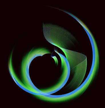 Yuvarlak ve dalgalı çizgili uçaklar, mavi çizgili yeşil, siyah arkaplanda kalp şeklinde bir çerçeve oluşturur. Grafik tasarım elementi. Logo, sembol, işaret, simge. 3D görüntüleme. 3d illüstrasyon.