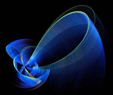 Mavi çizgili şeffaf düzlem siyah bir arka planda birçok kez kesişiyor ve soyut bir yay gibi görünüyor. Grafik tasarım elementi. Logo, sembol, işaret, simge. 3D görüntüleme. 3d illüstrasyon.