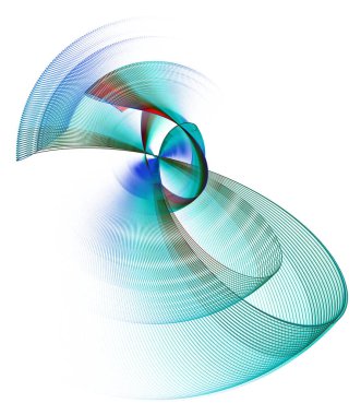 Mavi çizgili kavisli ve dalgalı elementler merkezde birbirine bağlıdır, yay gibi ve beyaz bir arkaplanda döner. Grafik tasarım elementi. Logo, işaret, simge, sembol. 3D görüntüleme. 3d illüstrasyon.