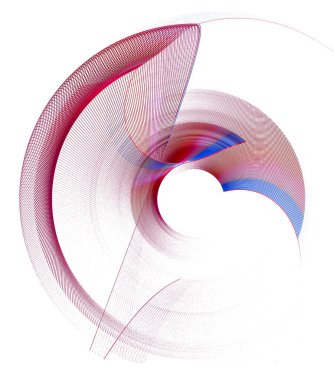 Kırmızı şeffaf ve dalgalı elementler, kenar boyunca mavi çizgili, beyaz arka planda dönerler. Grafik tasarım elementi. Logo, işaret, simge, sembol. 3D görüntüleme. 3d illüstrasyon.