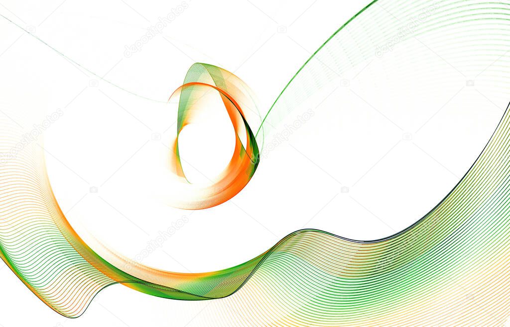 Green and orange wavy and curved planes are located on a white background. Abstract fractal background. Graphic design element. 3d rendering. 3d illustration.