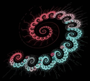 Pembe tüylü spiral siyah arka plana doğru açılıyor ve maviye dönüşüyor. Büyük bir spiral peş peşe spirallerden oluşur. Grafik tasarım elementi. 3D görüntüleme. 3d illüstrasyon.