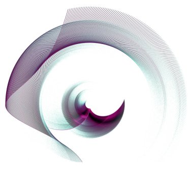 Mor-yeşil dalgalı uçaklar beyaz zemin üzerinde dönüyor. Grafik tasarım elementi. Logo, işaret, simge, sembol. 3D görüntüleme. 3d illüstrasyon.