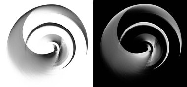 Arcuate monokrom soyut pervaneler beyaz ve siyah arkaplan üzerinde döner. Grafik tasarım ögeleri ayarlandı. Logo, sembol, işaret, simge. 3D görüntüleme. 3d illüstrasyon.