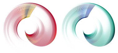 Kırmızı ve yeşil çizgili elementler beyaz arka planda bir spiral içinde birbirini takip eder. Grafik tasarım ögeleri ayarlandı. Logo, sembol, işaret, simge. 3D görüntüleme. 3d illüstrasyon.