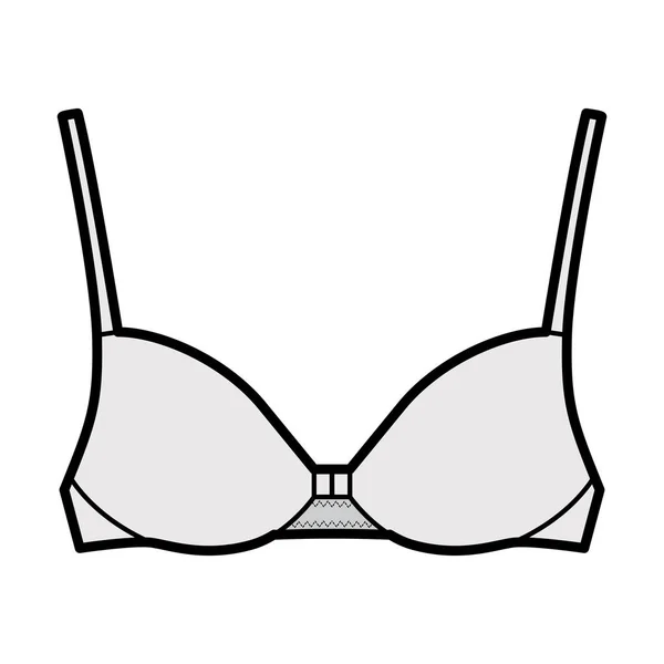 Bra front closure lingerie technical fashion illustration with full adjustable shoulder straps, molded cups. Flat — Stock Vector