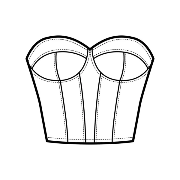 Bustier Corsetry lingerie technique illustration de mode avec tasse moulée, os, fermeture crochet-oeil, coupe slim. Plat — Image vectorielle