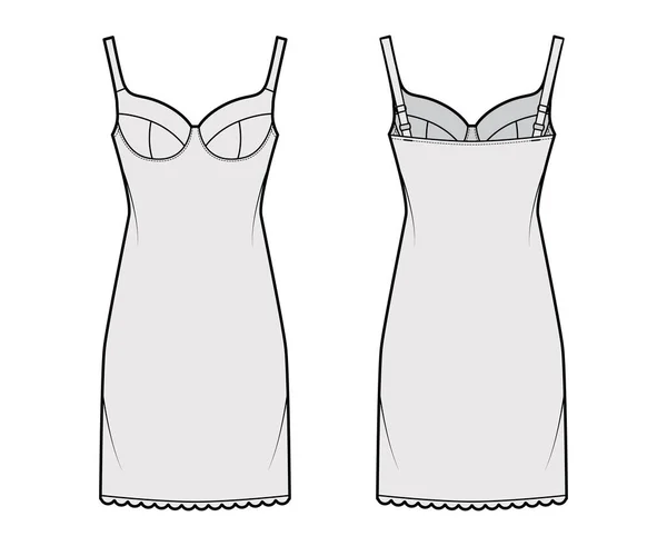 Sutiã deslizamento lingerie vestido técnico de moda ilustração com copo moldado, alças de ombro ajustáveis, borda vieira — Vetor de Stock