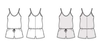 Teddy Romper desenli, yakalı, şortlu, teknik moda illüstrasyonu. Düz tek parça iç çamaşırı