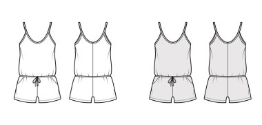 Teddy romper bodysuit technical fashion illustration with scoop neck, shirred shorts. Flat one-piece underwear apparel clipart