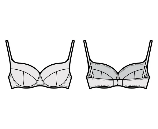 BH lingerie technische mode illustratie met volledig verstelbare schouderbanden, gegoten cups, haak-en-oog sluiting. — Stockvector