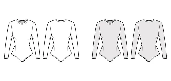 Camiseta elástica body ilustración técnica de moda con cuello redondo, mangas largas, cuerpo ajustado. Plano de una sola pieza — Vector de stock