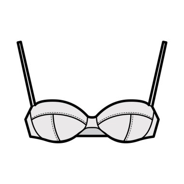 Balkon sutyen iç çamaşırı teknik tasviri, tam ayarlanabilir omuz kayışları, fincanlar, kanca ve göz kapama