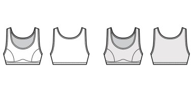 Spor sutyenli iç çamaşırı geniş omuzlu, teknik moda illüstrasyonlu. Düz sütyen şablonu 